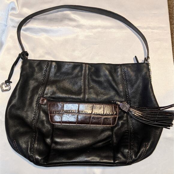 Vintage BRIGHTON Black & Brown Leather Shoulder Bag Handbag + Tassel & Bag Charm - Picture 1 of 13